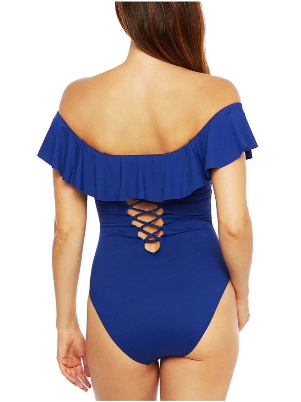 La Blanca Island Goddess Off Shoulder Ruffle One Piece Swimsuit Size L Blueberry